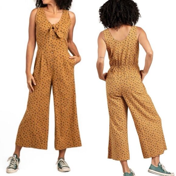 Toad&Co Pants - Toad & Co Taj Sleeveless Tie Front Hemp Cropped Wide Leg Jumpsuit Mustard Size M